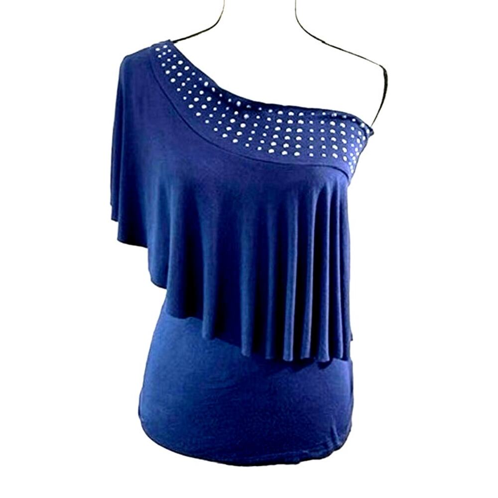 CMM Navy Blue One Shoulder Ruffle Top - Size L